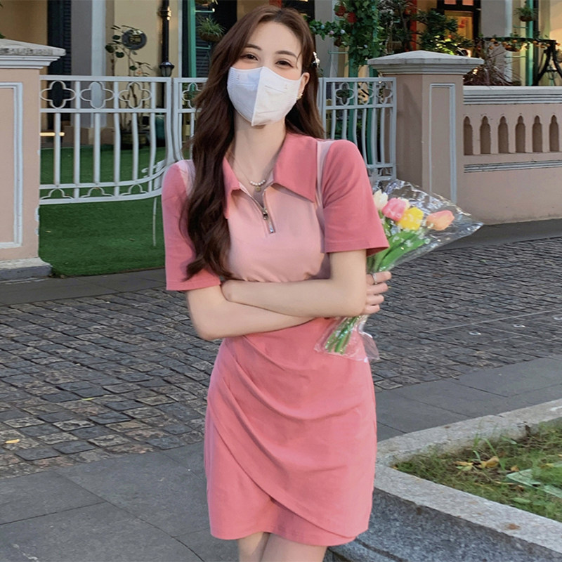 Summer sashimi Lean Hot Girl Pure Desire to Wind and Fork Fashion Trends Pink Polo Collar Pack Arm Skirt Tide