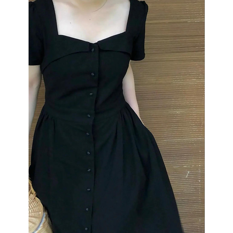The French light-cooked Hepburn black square collar dress Summer Don't make unique goddess Fan closets waist display slim A-word dress