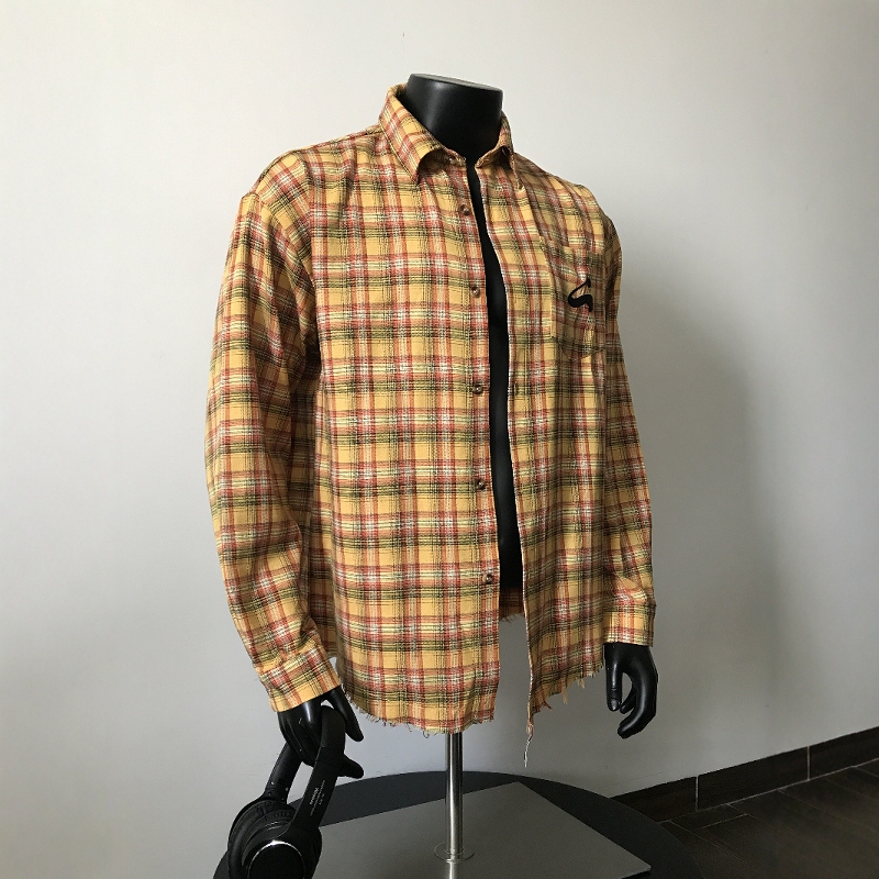 2026 American Retro Yellow Plaid Long-Sleeve Shirt for Men and Women, New Embroidered Design with Tassel Hem Jacket, Trendy
