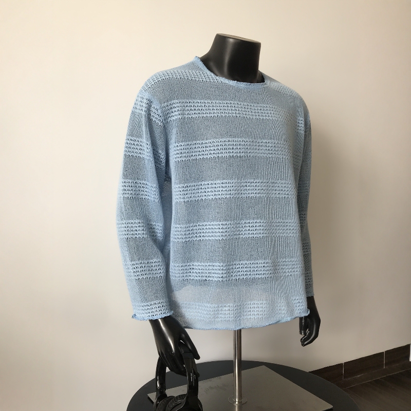 Qago Lazy Style Blue Hollow-Out Cover-Up Long-Sleeve T-Shirt for Men, Spring and Summer Loose See-Through Knit Thin Top Qago Lazy Style Blue Hollow-Out Cover-Up Long-Sleeve T-Shirt for Men, Spring and Summer Loose See-Through Knit Thin Top