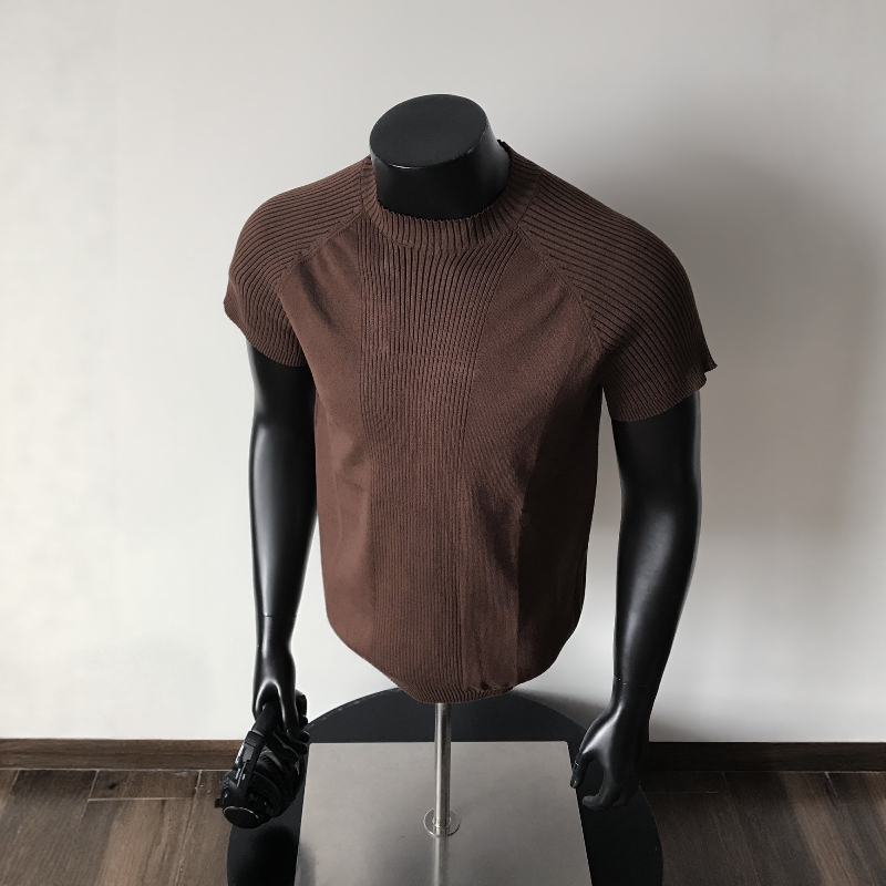 Qago Patchwork Slim-Fit Knit Short-Sleeve Men's American-Style Ribbed Textured Fitness Top for Layering with a T-Shirt