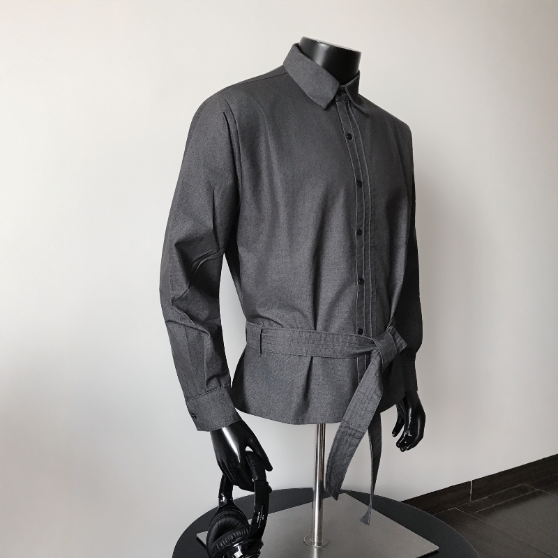 Qago Retro Vibe Lace-Up Waist-Cinching Long-Sleeve Shirt for Men and Women, Dark Style with Elegant Ribbed Lines and Ribbon Design Qago Retro Vibe Lace-Up Waist-Cinching Long-Sleeve Shirt for Men and Women, Dark Style with Elegant Ribbed Lines and Ribbon Design