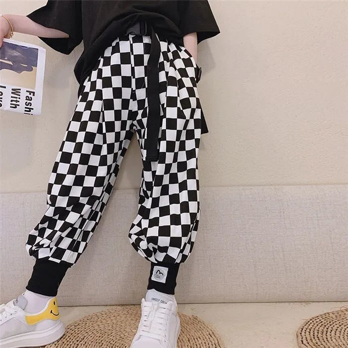Boy Bunches Pants Light Cage Pants Girl Pants Girl Pants Spring Summer Outside Wearing Spring Autumn Casual Pants Children Plaid Sports Pants Korean Version