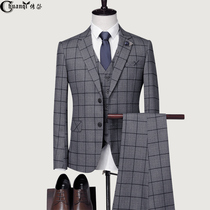 Grooms suit suit mens three sets of Korean version wedding gown business casual handsome gas plaid suit man