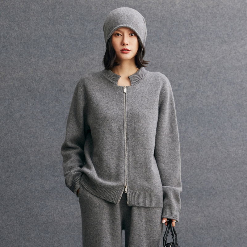 Double-Layered Thick Cashmere Cardigan for Women with Double Zipper, Vintage Shell Collar Sweater, Loose and Warm Knitwear Double-Layered Thick Cashmere Cardigan for Women with Double Zipper, Vintage Shell Collar Sweater, Loose and Warm Knitwear