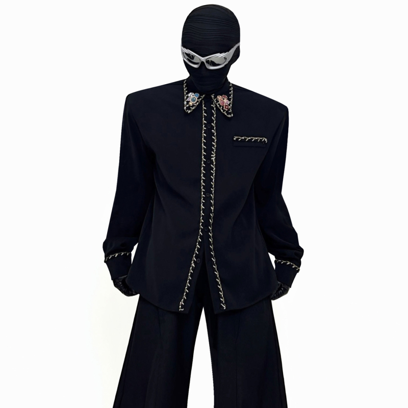 Trendy Brand New Chanel-Style Long-Sleeve Shirt for Men with High-End Design, Gemstone Trim, Loose Fit, and Padded Shoulders
