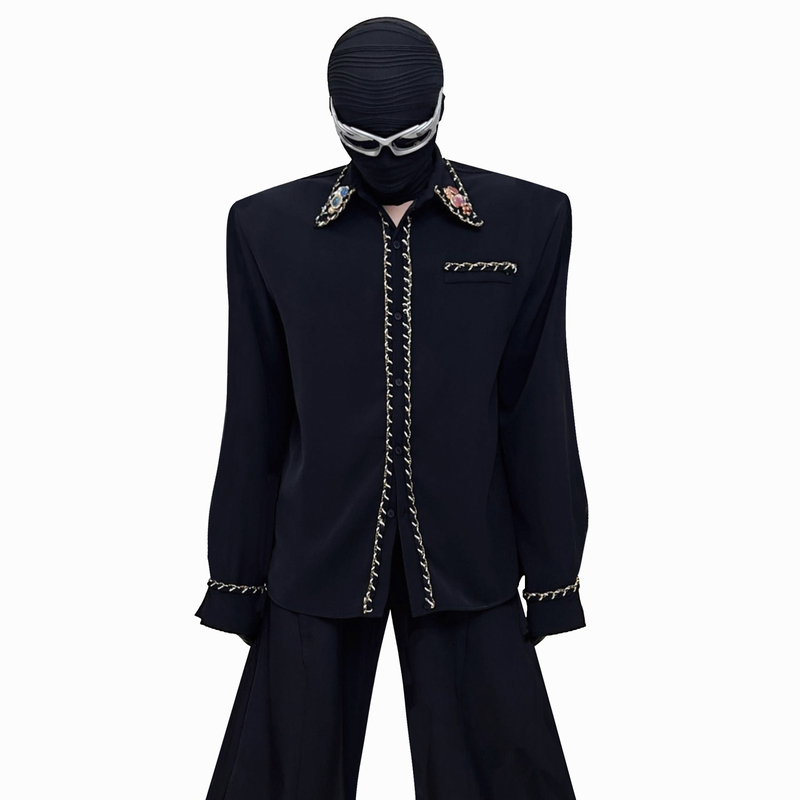 Trendy Brand New Product: Men's Long-Sleeve Shirt with a High-End Design, Gemstone Trim, Loose Fit, and Padded Shoulders