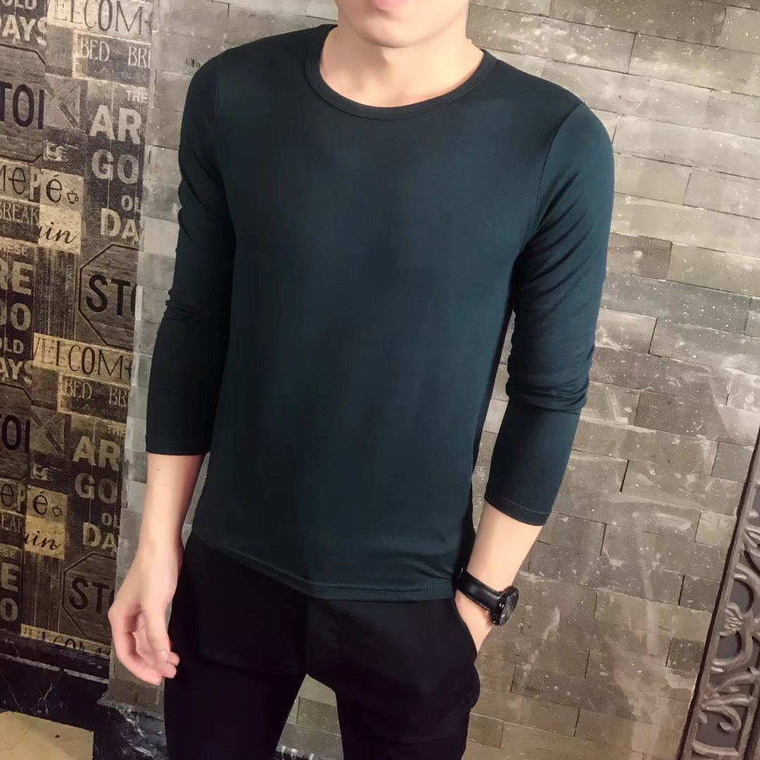 Phương thức nam dài tay áo thun bông vòng cổ ôm đáy áo màu rắn thanh niên mùa thu quần áo t- shirt phần mỏng thủy triều