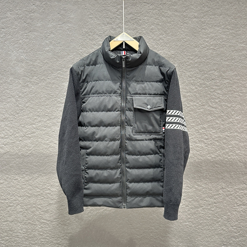Sweater Knit Sleeve Patchwork down Jacket Men's Autumn and Winter New Versatile Stand Collar Three-Stripe down Jacket Coat Sweater Knit Sleeve Patchwork down Jacket Men's Autumn and Winter New Versatile Stand Collar Three-Stripe down Jacket Coat
