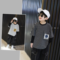 Childrens fake two-piece striped T-shirt 2021 spring new foreign-style boys playing the bottom tide card Middle and Big Boy spring and autumn