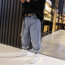 Spring jeans boys handsome hole-breaking pants 2021 new childrens casual loose pants wear boys trousers