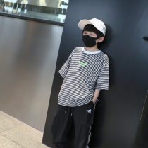  Childrens western style striped t-shirt boys Korean version of pure cotton childrens clothing t-shirt summer 2021 new medium and large childrens half-sleeve tide