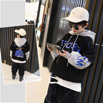 Boy fake two pieces plus velvet sweater childrens hooded top autumn and winter Korean version of medium and big children warm childrens clothing tide card