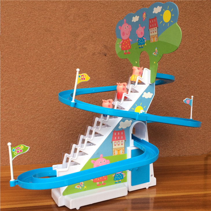Pig Peggy climbing stairs toy children Peggy pig electric slide rail car on the stairs with lights boy