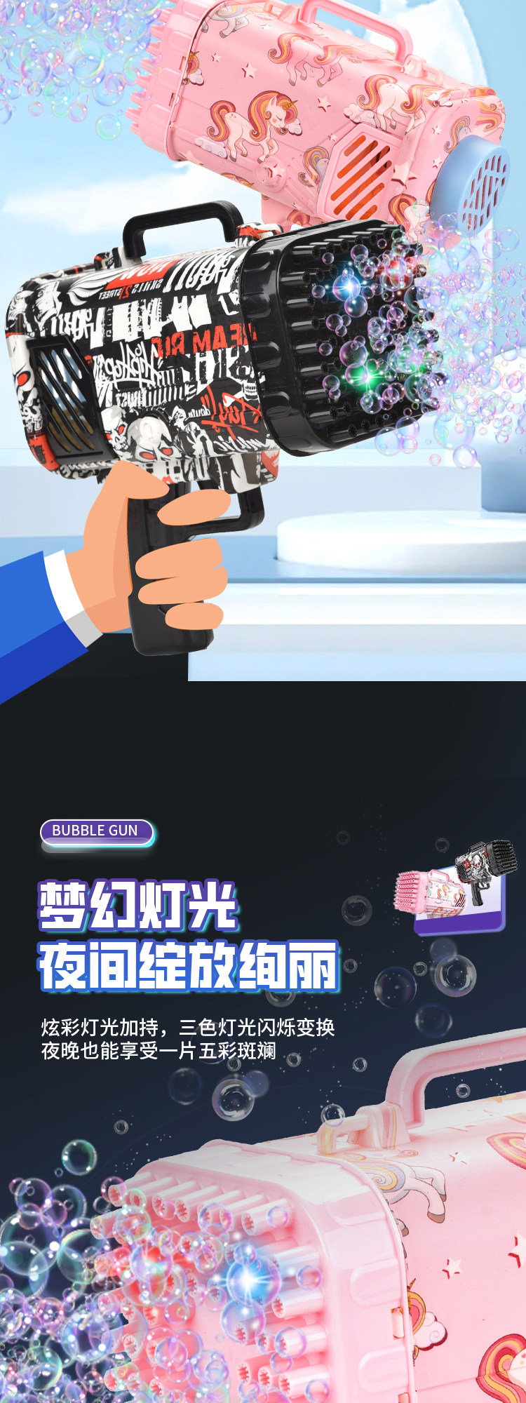 68孔泡泡机火箭 大 筒加特林泡泡枪充电儿童玩具迷彩加特林详情3