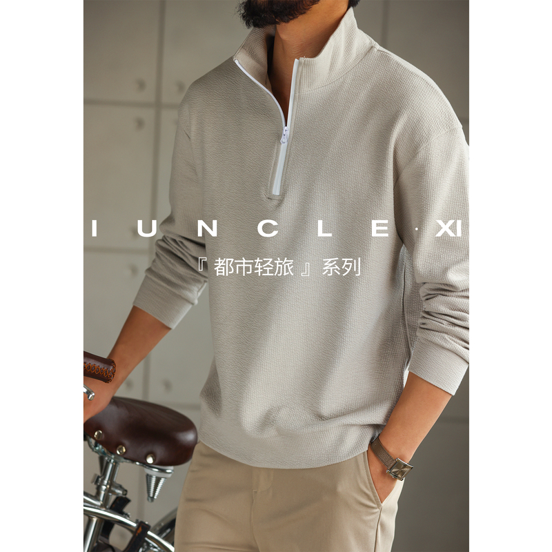 Iunclexi【Urban Leisure】Three-Dimensional Bubble Texture Half-Zip Top Long-Sleeve Stretch Men's Polo Shirt Iunclexi【Urban Leisure】Three-Dimensional Bubble Texture Half-Zip Top Long-Sleeve Stretch Men's Polo Shirt
