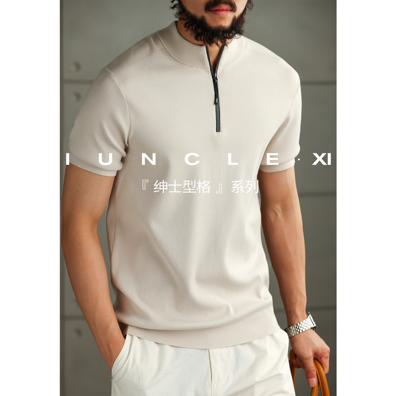 Iunclexi【Gentleman Style】Old Money Elegant Knitwear Short Sleeve Men's Half-Zip Polo Shirt Stand Collar T-Shirt