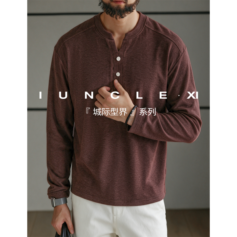 Iunclexi/Xi Shu【Intercity Style】Heavyweight 310g Casual Long-Sleeve T-Shirt for Men with V-Shaped Button Collar Iunclexi/Xi Shu【Intercity Style】Heavyweight 310g Casual Long-Sleeve T-Shirt for Men with V-Shaped Button Collar