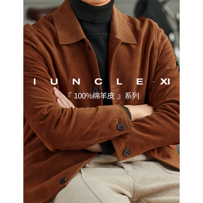 Iunclexi【100% Sheepskin】Xishu High-End Old Money Style Leather Jacket with Turn-Down Collar for Men, Winter Warm Coat