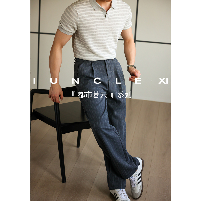 Iunclexi【Urban Evening Cloud】Anti-Wrinkle, Smooth, Retro Striped Business Commuter Trousers for Men, Summer Casual Long Pants Iunclexi【Urban Evening Cloud】Anti-Wrinkle, Smooth, Retro Striped Business Commuter Trousers for Men, Summer Casual Long Pants