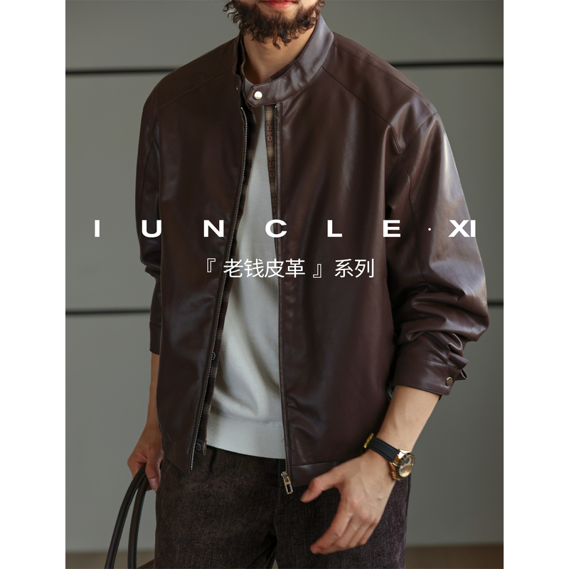 Iunclexi/Xishu【Soft Light Leather】Melard Stand Collar Pu Leather Jacket Men's Vintage Leather Coat Autumn