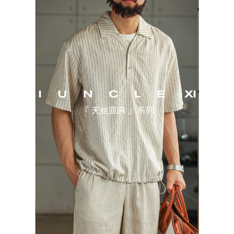 Iunclexi/Xishu【Tencel Linen】Summer Striped Fake Two-Piece Pullover Shirt Men's Short-Sleeve Thin T-Shirt