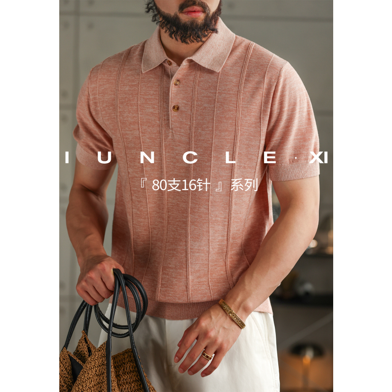 Iunclexi【80 Count 16 Needles】Old Money Style Tencel Cotton Linen Knit Short-Sleeve Polo Shirt Men's T-Shirt