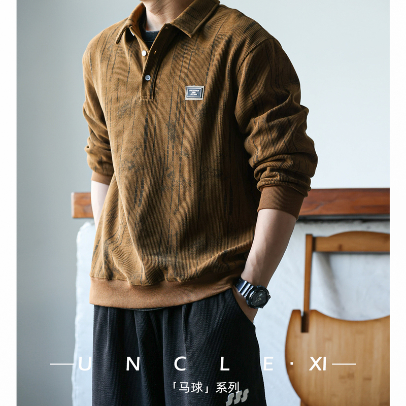 Casual American-Style Heavyweight 400g Long-Sleeve Textured Polo Shirt for Men, Loose Sweatshirt, Vintage Base Shirt for Spring