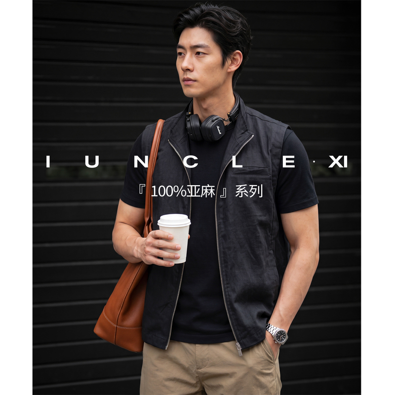 Iunclexi/Xishu【100% Linen】Italian-Style Small Stand-Up Collar Casual Vest Men's Summer Zipper Jacket