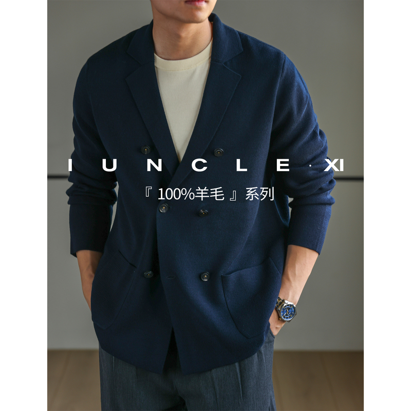 Iunclexi/Xishu【100% Wool】Fine Wool Sweater Old Money Knitted Single Suit Men's Blazer