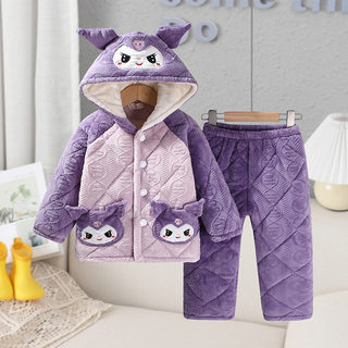 Winter new milk velvet children's quilted pajamas set kuromi hooded thickened velvet girls' home clothes