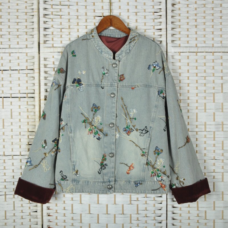 European Goods Spring New Style Round Neck Long Sleeve Single-Breasted Retro Embroidered Beaded Loose Casual Denim Jacket 8702