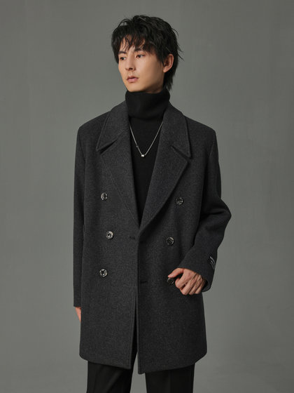 w2x秋冬季780g重磅短款羊毛呢大衣男垫肩时尚设计感妮子风衣外套