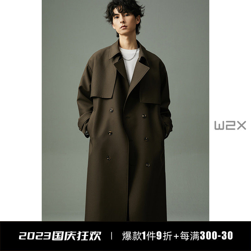 w2x2023 Spring autumn season new double-row button wind clothes men's medium length loose lace jacket design sense high-end blouses-Taobao