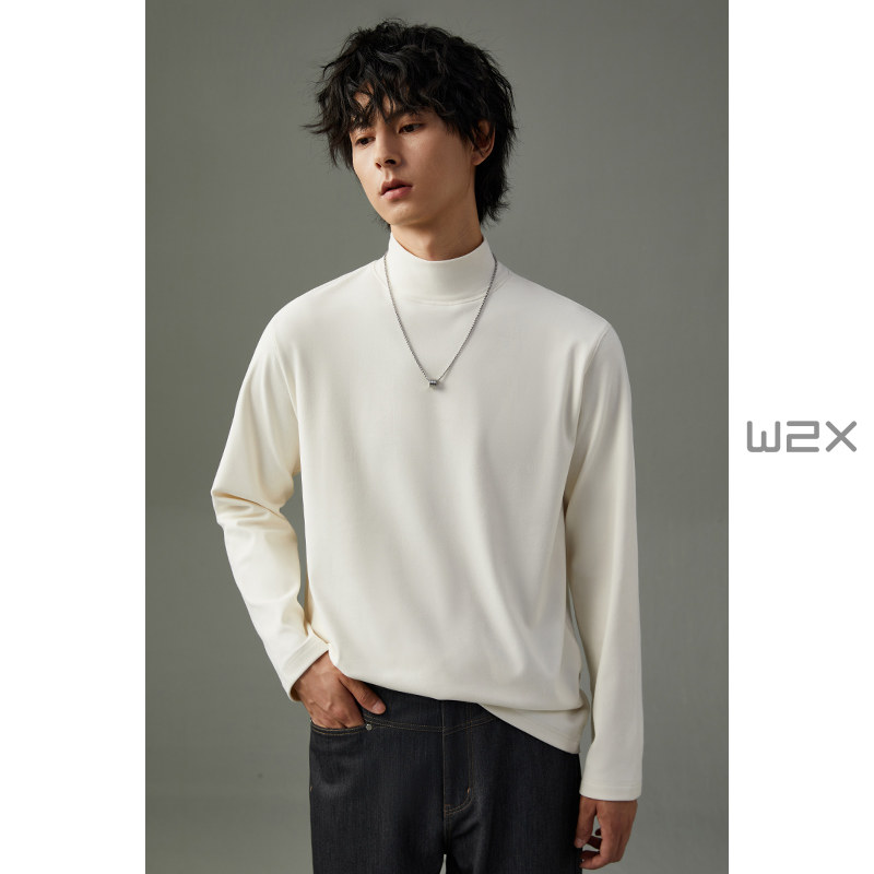 w2x winter thickened double-sided suede collar long sleeve T-shirt men's half height collar pure color beat bottom shirt fashion 100 hitch-Taobao