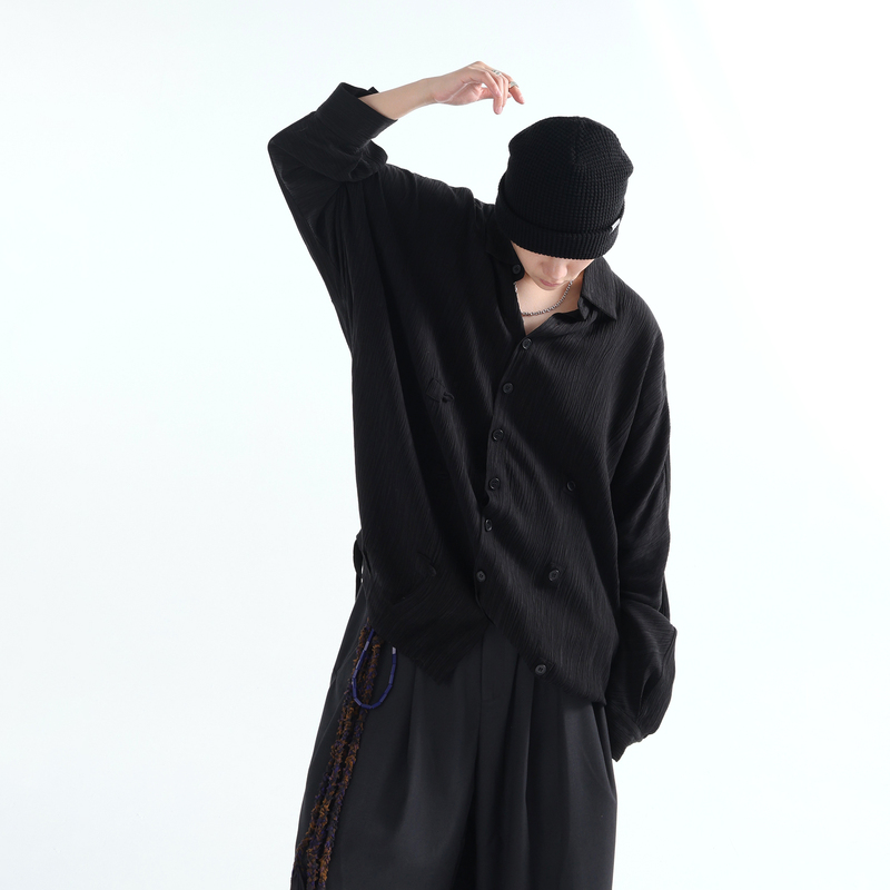 Grnl Quiet Dark Forest Pleated Texture Draped Oversize Extra Loose Unisex Black Oversized Shirt Thin Jacket