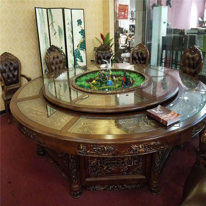 Customized high-end elephant wood carving hotel electric dining table large round table restaurant round table hotel banquet box