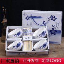 Bowls wholesale activities gifts boxed ceramic tableware rice bowls household blue and white porcelain bowls dinner gifts chopsticks set