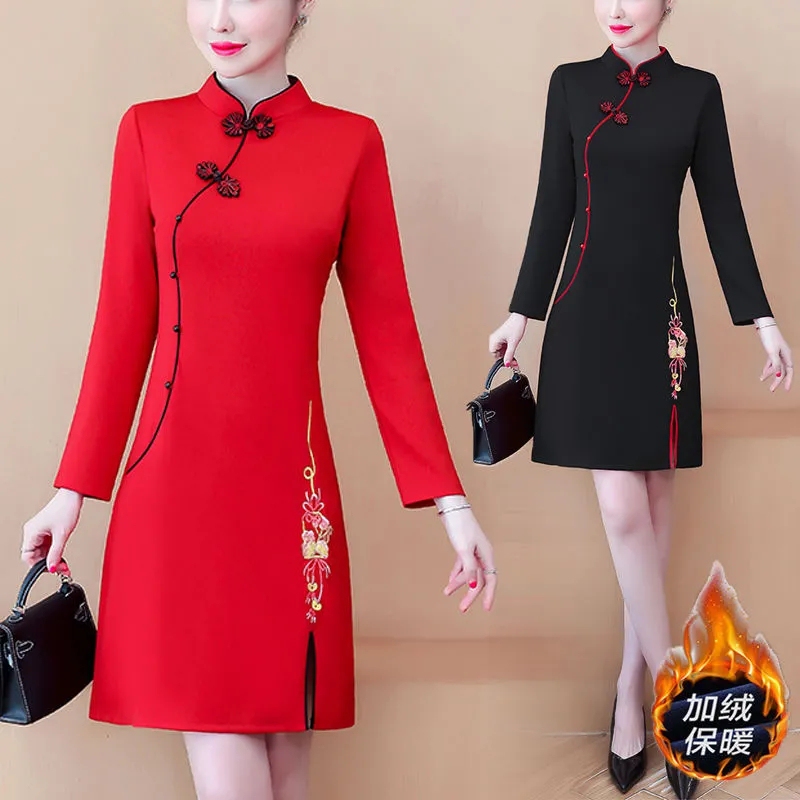 Chinese-Style Improved Cheongsam Mid-Length Dress New Plus-Size Women's Clothing 150kg Spring, Autumn, and Winter Loose Base Dress Chinese-Style Improved Cheongsam Mid-Length Dress New Plus-Size Women's Clothing 150kg Spring, Autumn, and Winter Loose Base Dress