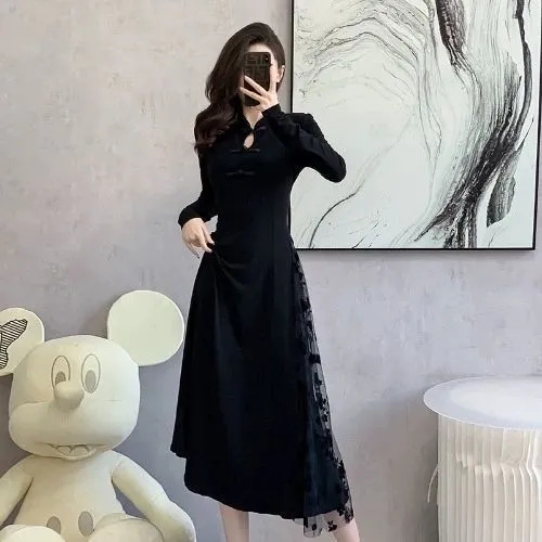 New Chinese Style Plus Size Women's Clothing 150kg Black Dress Spring, Autumn and Winter National Style Buttoned Mid-Length Bottoming Dress New Chinese Style Plus Size Women's Clothing 150kg Black Dress Spring, Autumn and Winter National Style Buttoned Mid-Length Bottoming Dress