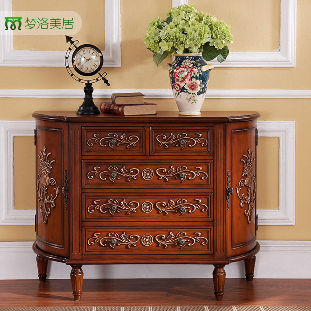 American semi-circle five bucket cabinet solid wood red wood color sculpted florin Xuanguan door hall cabinet blue decoration corridor storage cabinet foreign trade
