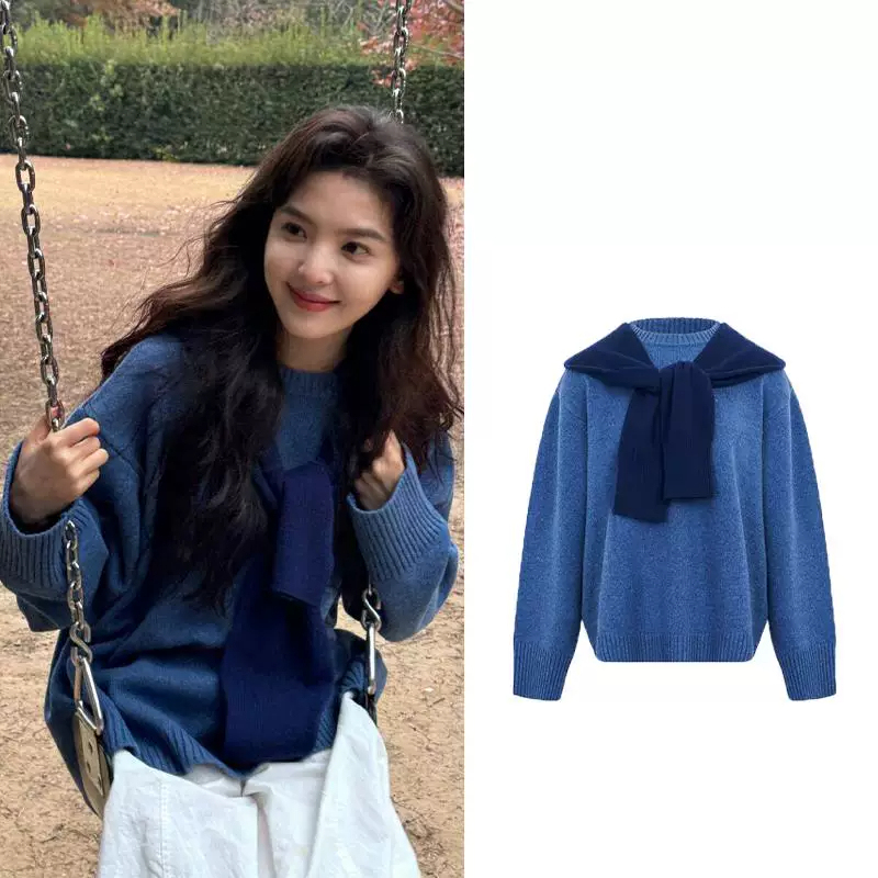 Zhang Ruonan's Same Style Klein Blue Sweater for Women, Spring and Autumn, Super Stylish and High-End Celebrity Knitwear Top