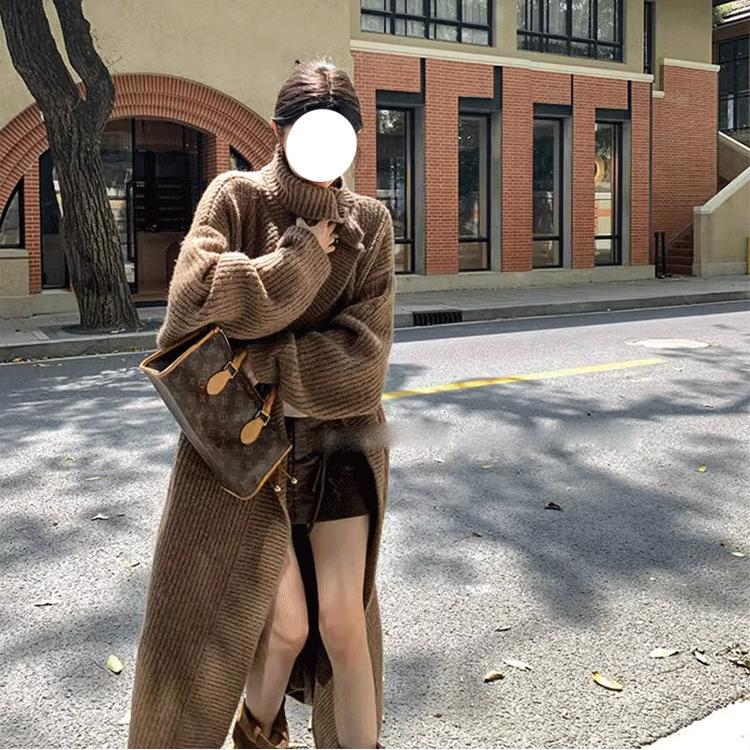 Lazy Style Large Lapel Mid-Length Wool Knit Cardigan for Women, Thickened New Autumn and Winter High-Neck Coat, Loose Overcoat