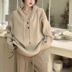 Lazy style hooded sweater jacket for women in autumn and winter thickened loose mid-length inner and outer pullover sweater top