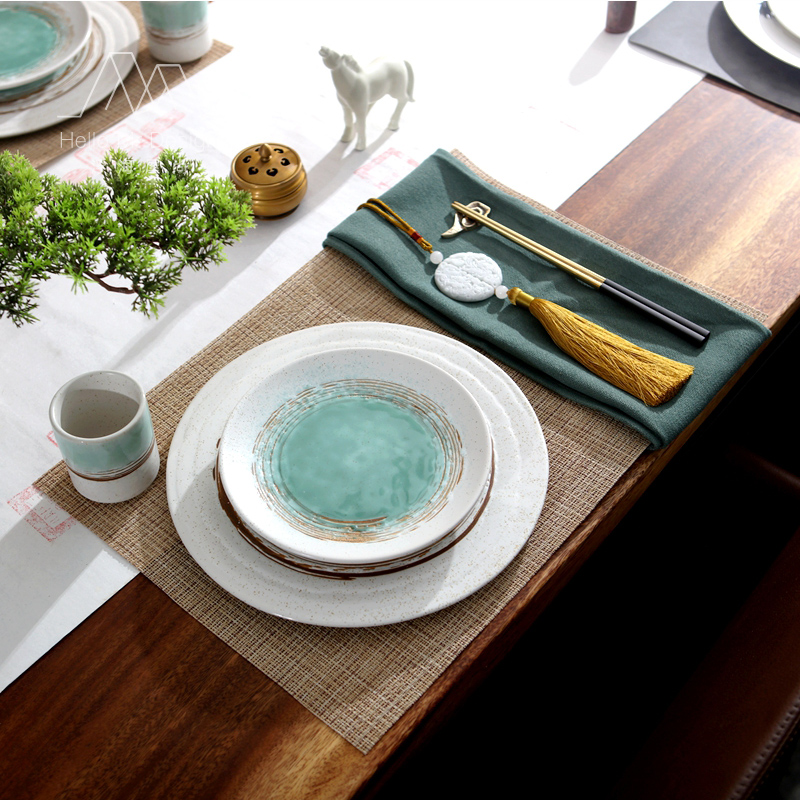 New Chinese style Plates Soft Packed Dining Table Hem dinner Dining Cushion Dining Cloth Chopstick Rack Cup Bowl Combined Ceramic Cutlery Sets