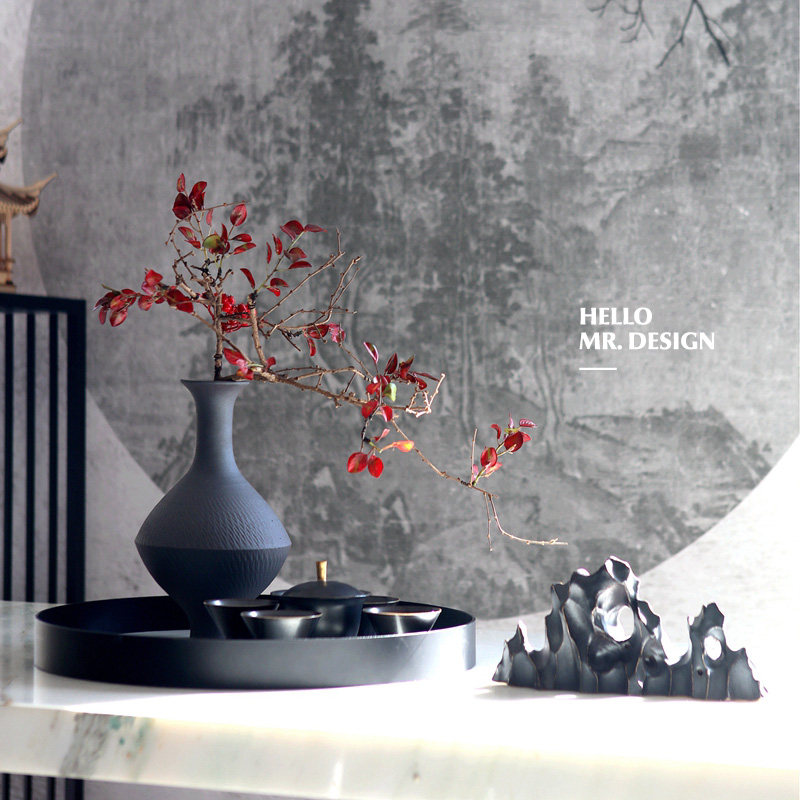 Modern neo-Chinese black pottery gyroscope vase tea set office living room decoration