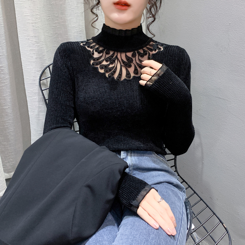 Autumn and Winter Velvet Knitted Base Shirt, Half-High Collar, Fashionable Pullover, Tight-Fitting Sweater for Women, Lace Splicing Collar Inner Layer