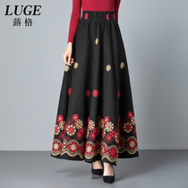 Retro embroidered skirt winter womens thickened woolen dress high waist long a-shaped dress autumn and winter dress