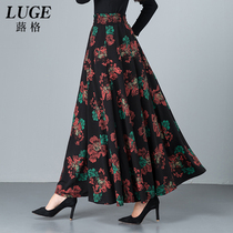 Retro printed skirt womens spring and autumn umbrella high waist to ankle long skirt large size elastic a-shaped big swing skirt