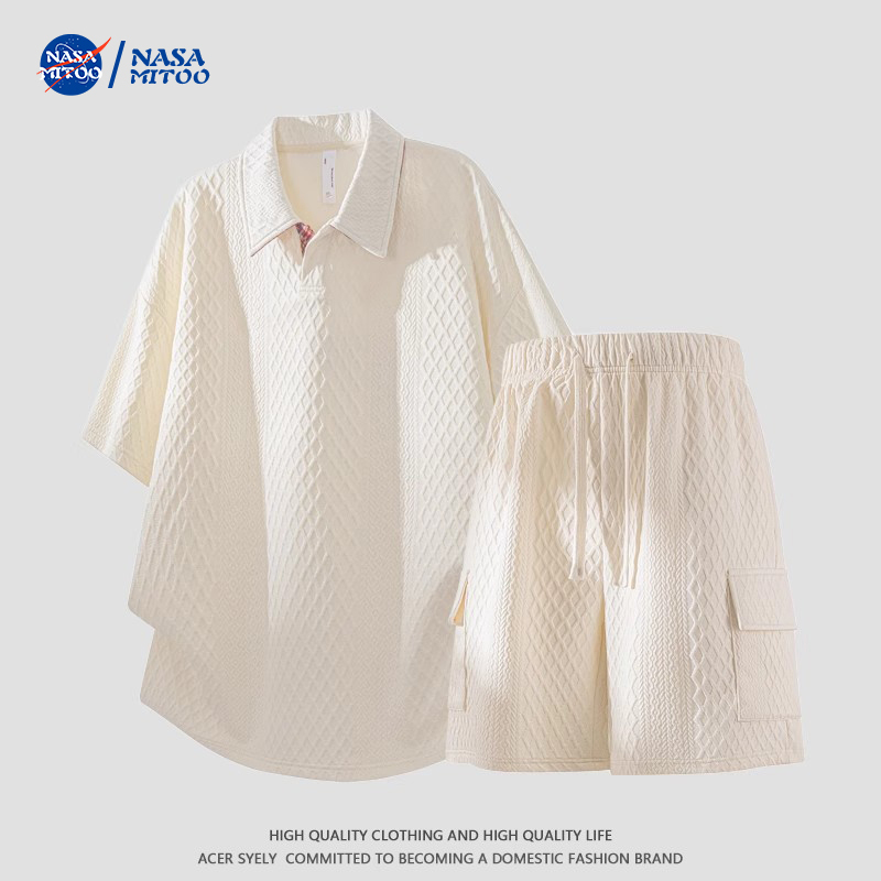 Nasa Summer Waffle Suit for Men, Casual Polo Short-Sleeve and Shorts Two-Piece Set, Lazy Style, Complete Outfit to Wear Together